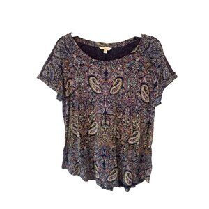 Lucky Brand Womens Colorful Paisley Slit Back Top Large Boho Festival Hippie
